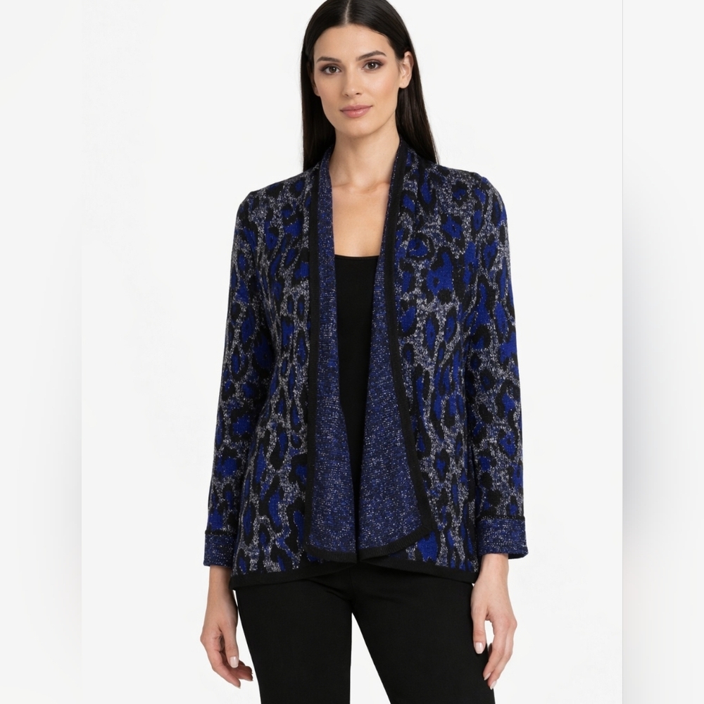 Ruby Rd Blue Metallic Leopard Print Open Front Ca… - image 1